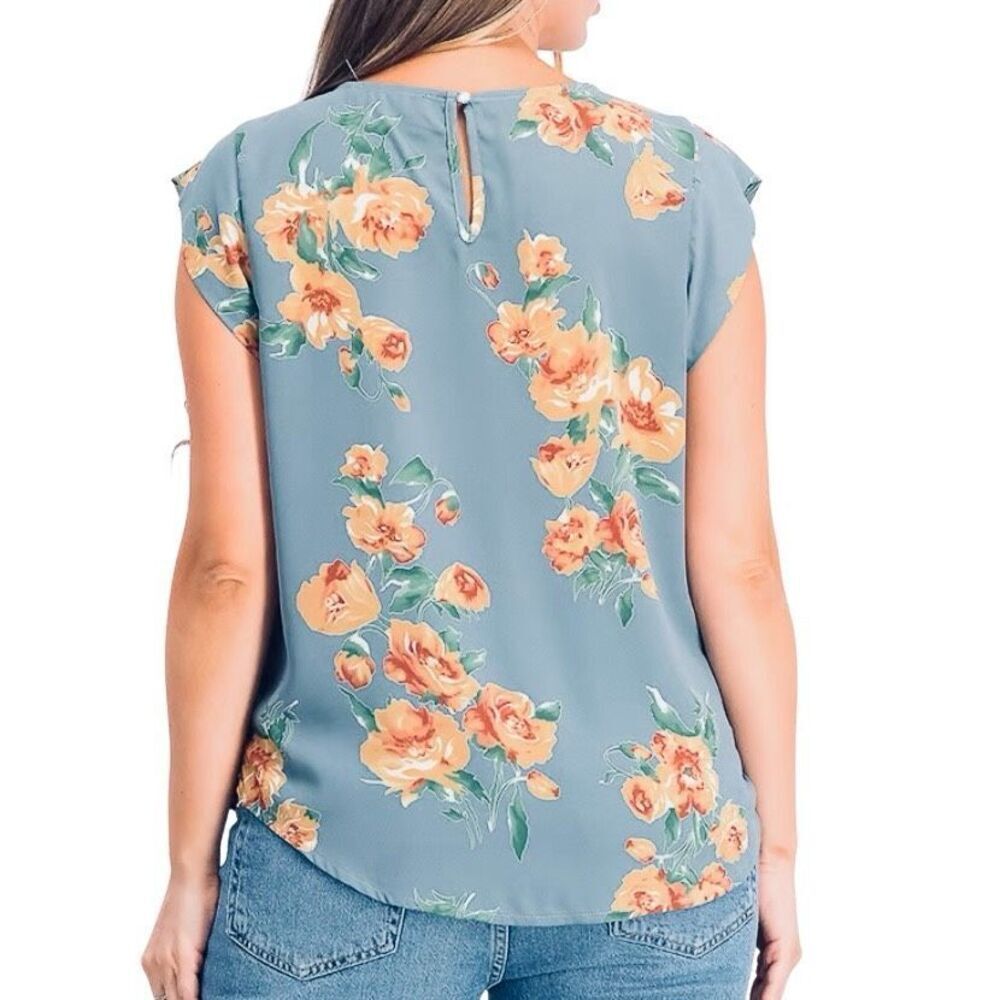 Alice Blue Slate Blue Floral Ambriz Pleat Cap Sleeve Top N0303